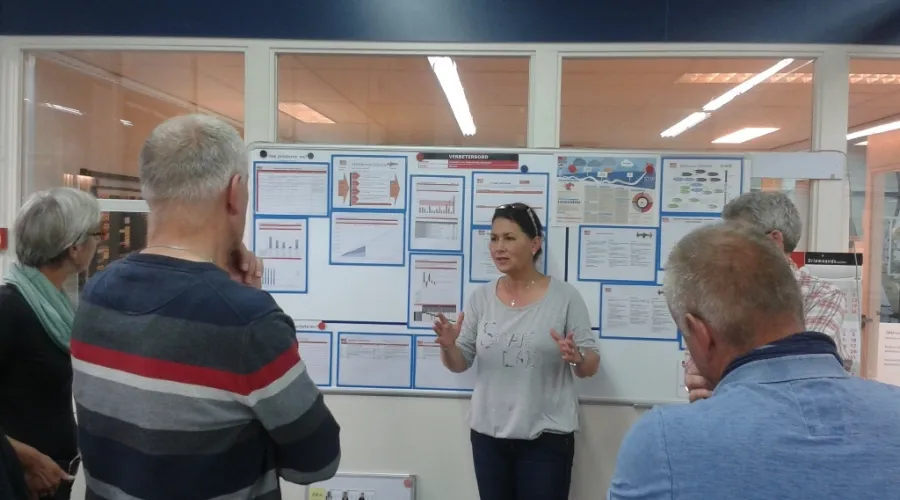 Vrouw staat voor een groep collega's iets uit te leggen aan een bord met allerlei informatie
